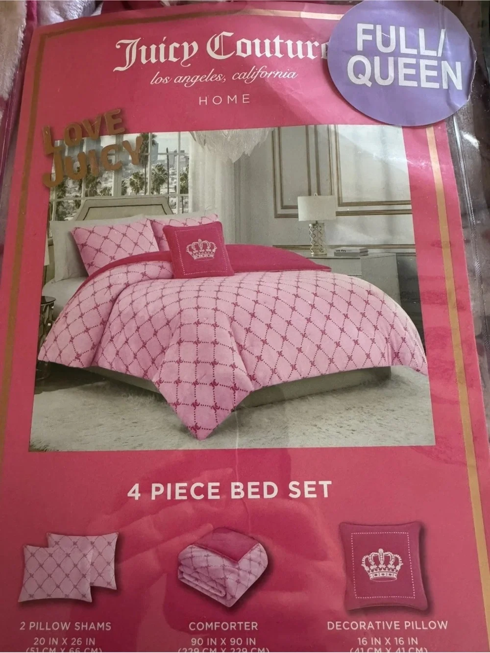 Juicy Couture Pink Crown Diamond Comforter 4 pc Bed Set Full Queen